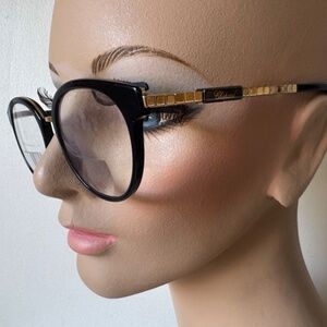 Chopard Round Black Eyeglasses Gold Link Temples Designer Optical Frames
